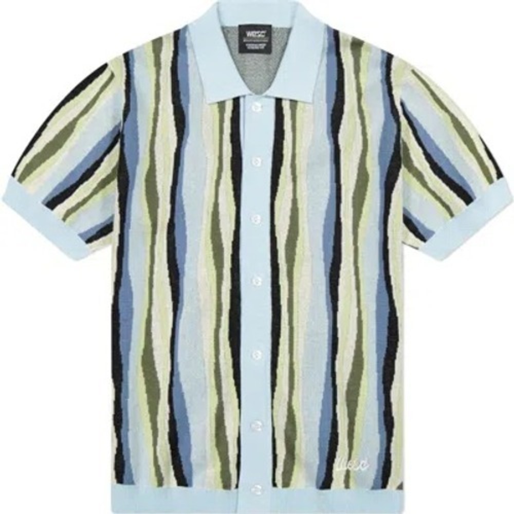 WeSC Mens Knit Polo Shirt XL Blue Green Wavy Stripe Button Front P115748T63T NEW